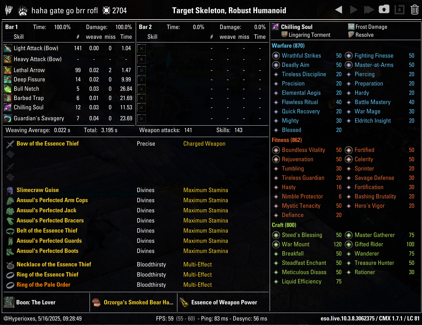 One Bar Stamina Warden Solo CMX setup - Ranged setup