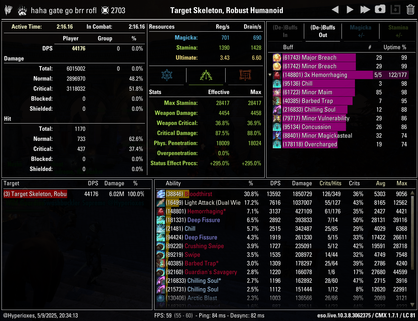 One Bar Stamina Warden Solo CMX parse - Regular setup