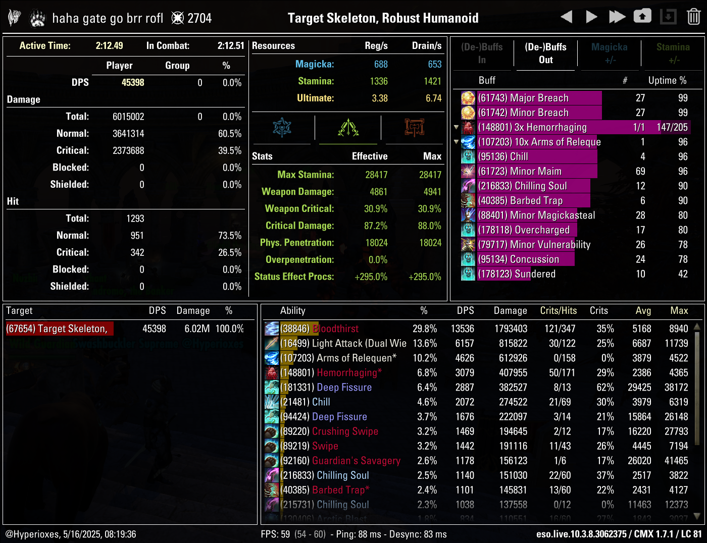 One Bar Stamina Warden Solo CMX parse - Relequen instead of Ansuul
