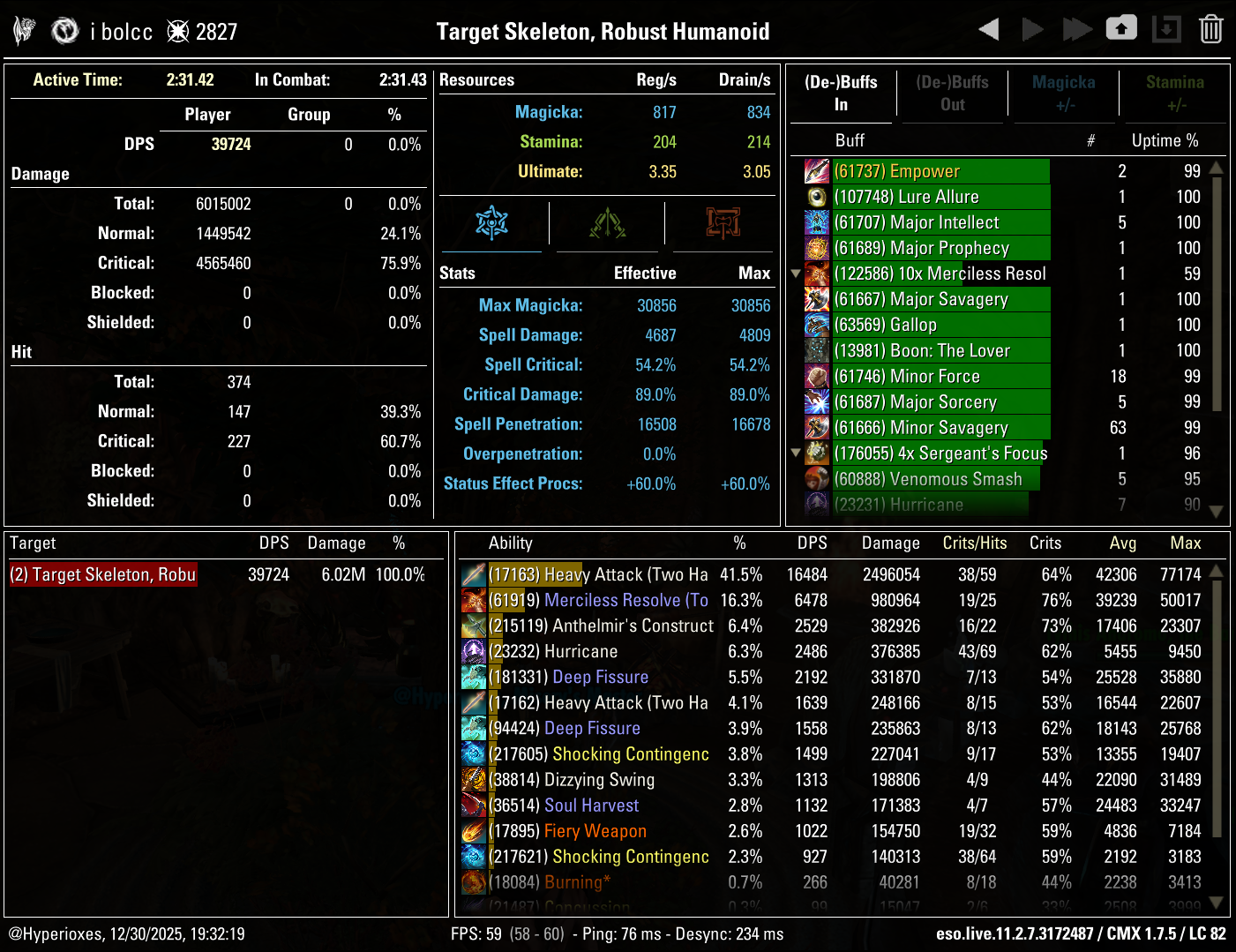 One Bar Two Handed Heavy Attack Solo CMX parse - Regular setup