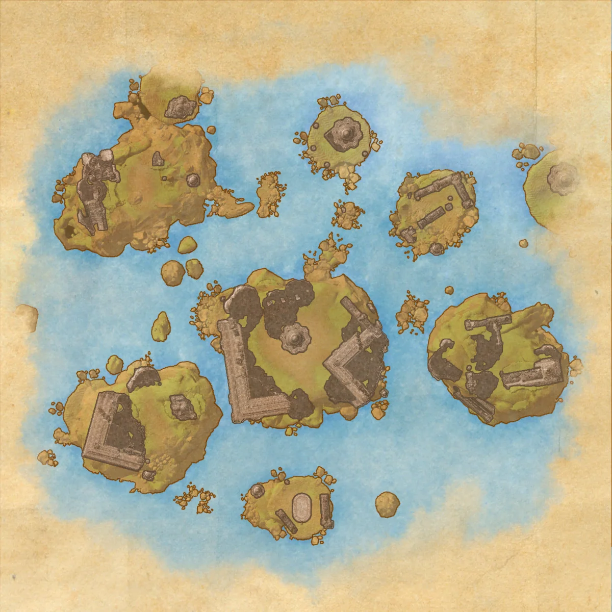 Moonlit Isles room map with the start, exit, Corrupted Shrine, Skyshard, Regular Chests, two Nowhere Chests, five Bridge Switch areas, and the Secret Bridge Switches marked