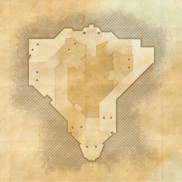 Nowhere Vault Nexus map with the 3 wing entrances, Sage's Trove, the Nexus Orrery, the Reset Hourglass and the exit marked