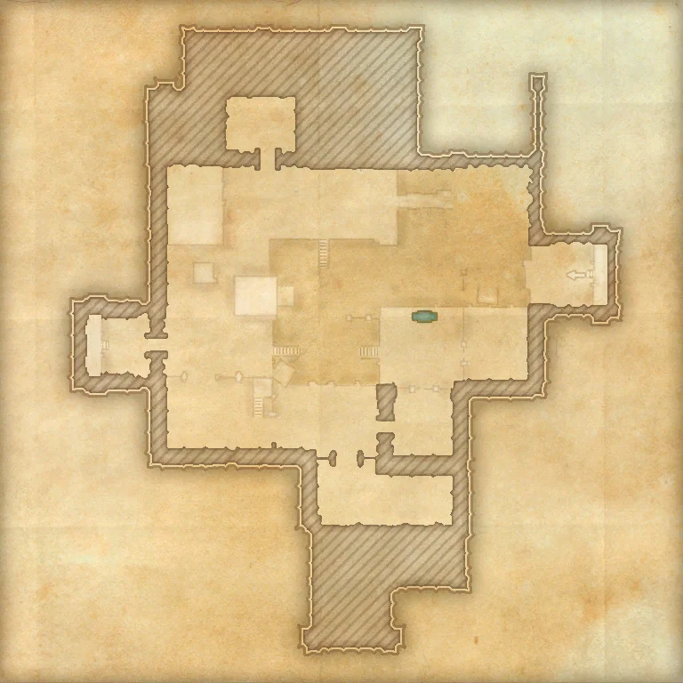 Sinking Courtyard room map with the statue, Storm Crystals, possible Rain Totem spawns, Brackish Fountain, Nowhere Chest, Skyshard, and exit marked