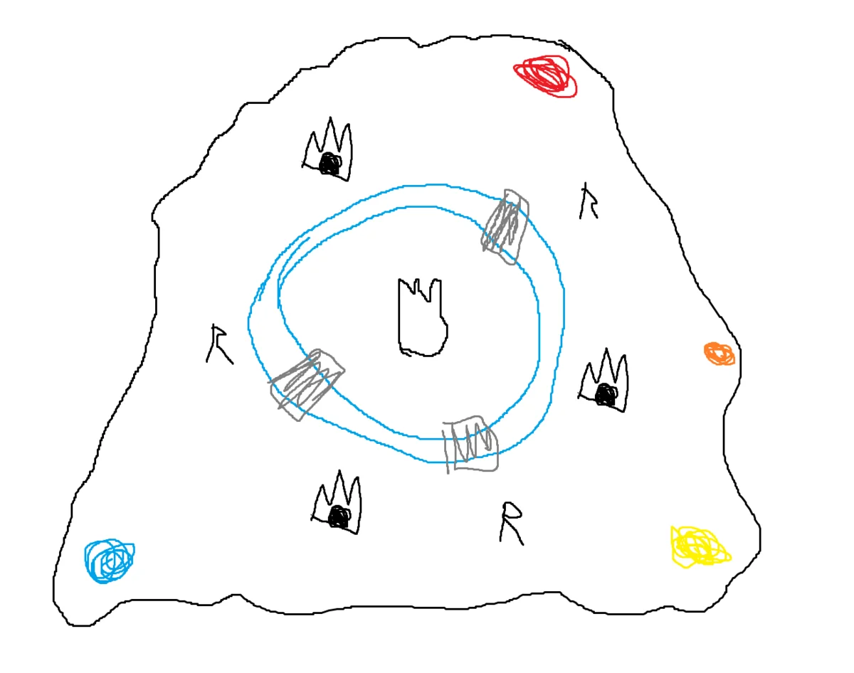 Drawing of the Jerall Pass layout with the keep, water ring, cave entrances, resources and alliance camps