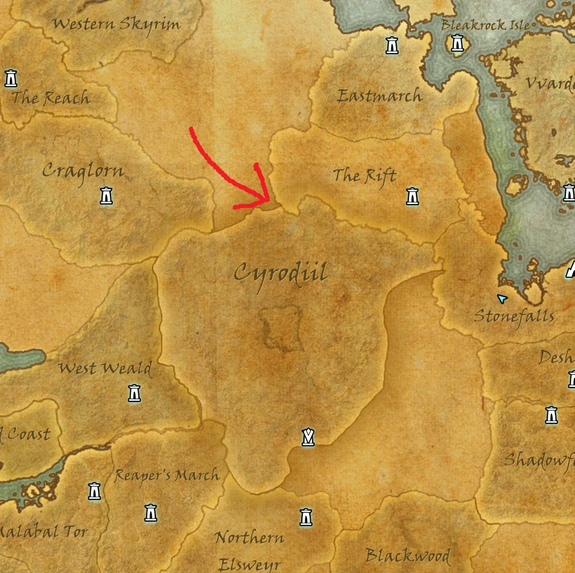 ESO world map with an arrow pointing north of Cyrodiil, between Craglorn and The Rift