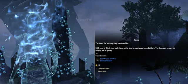 Hanu's reward window for The Great Hunt, offering the Solo March of Sacrifices Overland Rewards box and 415 gold