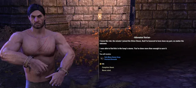 Adonatus Varian's reward window for Moonlight Ascent, offering the Solo Moon Hunter Keep Overland Rewards box and 415 gold