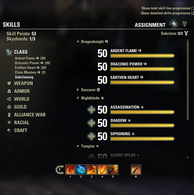 ESO Subclassing skill-line assignment menu
