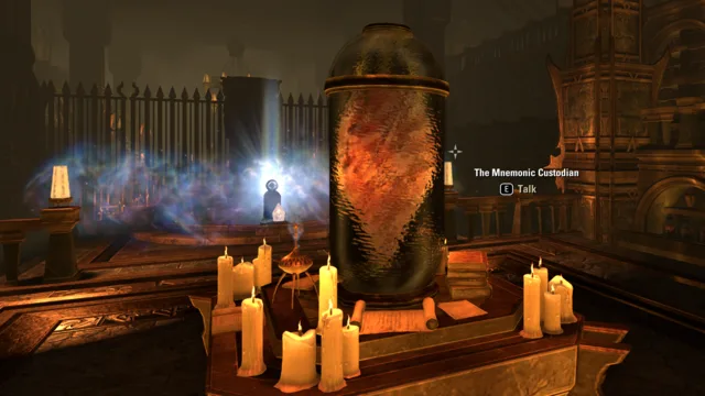 The Mnemonic Custodian, a brain in a glass jar surrounded by candles, with the Talk prompt next to it