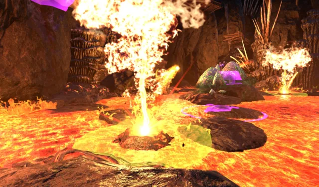 Fire geysers erupting from the lava in Fungal Chasm