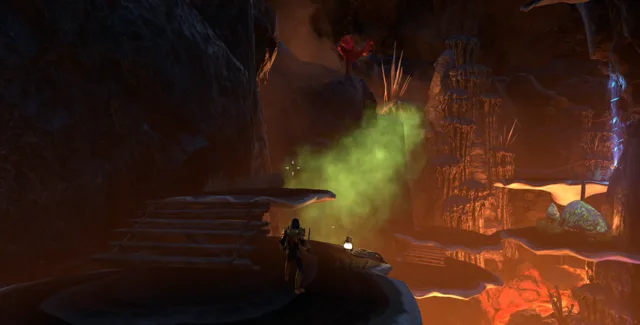 Wooden stairs appearing over the lava in Fungal Chasm, next to a green spore cloud