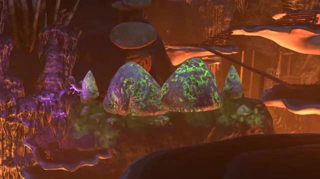 Poisonous green mushrooms blocking a path in Fungal Chasm