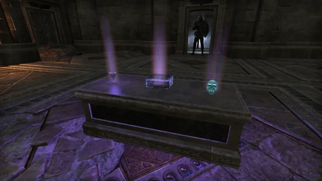 A chalice, a box and a blue Augur skull on display near the Gallery of Curios entrance