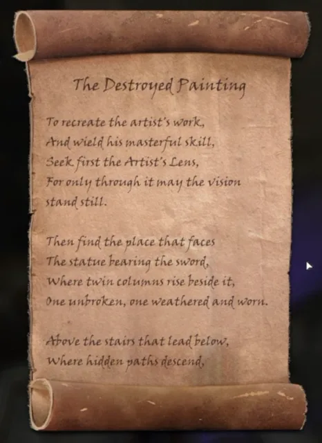 The note from the Destroyed Painting describing where to use the Artist's Lens
