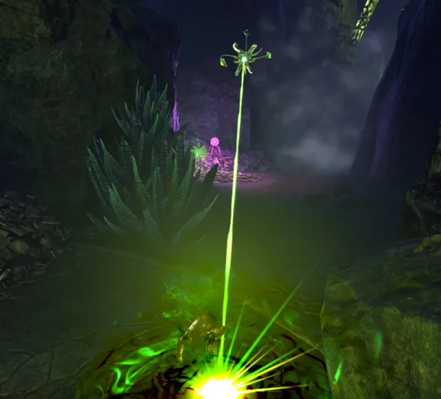 A Watcher firing a green laser beam at the player