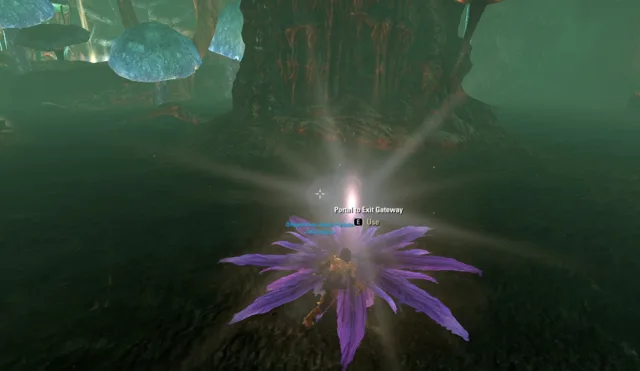The Portal to Exit Gateway prompt on the Toxic Bud after the trial, with a beam of light rising from the flower