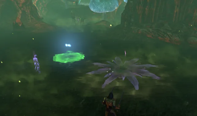 Toxic Bud, a large purple flower, next to a green Cleansing Bubble in the poison mist