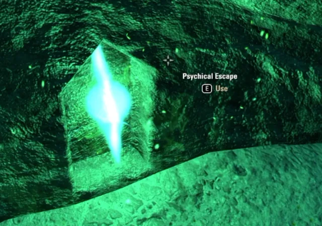 The Psychical Escape crystal in the cave with the Use prompt