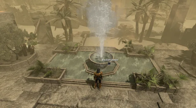 Player standing in front of the Brackish Fountain with the Use prompt