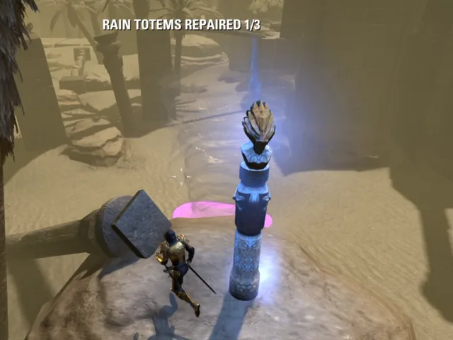 A repaired Rain Totem glowing blue with the Rain Totems Repaired 1/3 banner