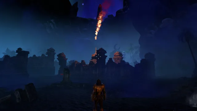 Firebolt from a Brazier coming down over the ruins of Twilight Maze toward a Cantor