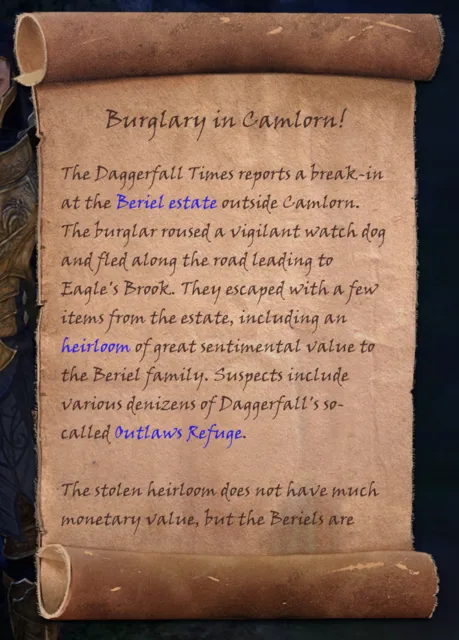 First page of the Burglary in Camlorn! notice with important terms highlighted in blue