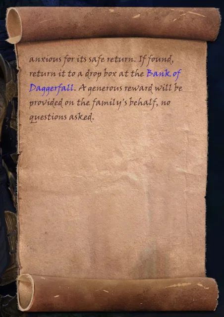 Second page of the Burglary in Camlorn! notice with the Bank of Daggerfall highlighted in blue