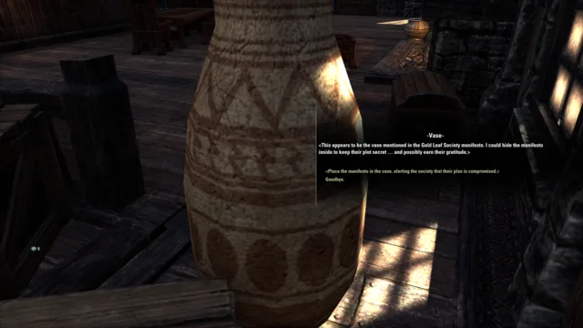 Choice to hide the Gold Leaf Society manifesto in the vase in Moira's Hope