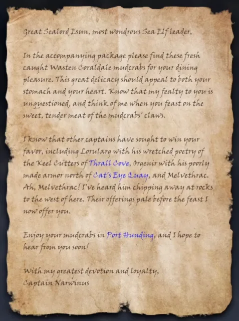 Letter to Sealord Esun from Captain Narwinus