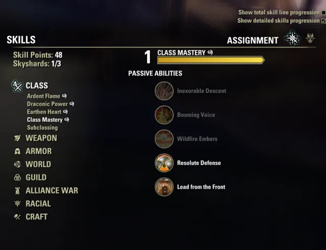 ESO Class Mastery skill line showing Dragonknight passive abilities