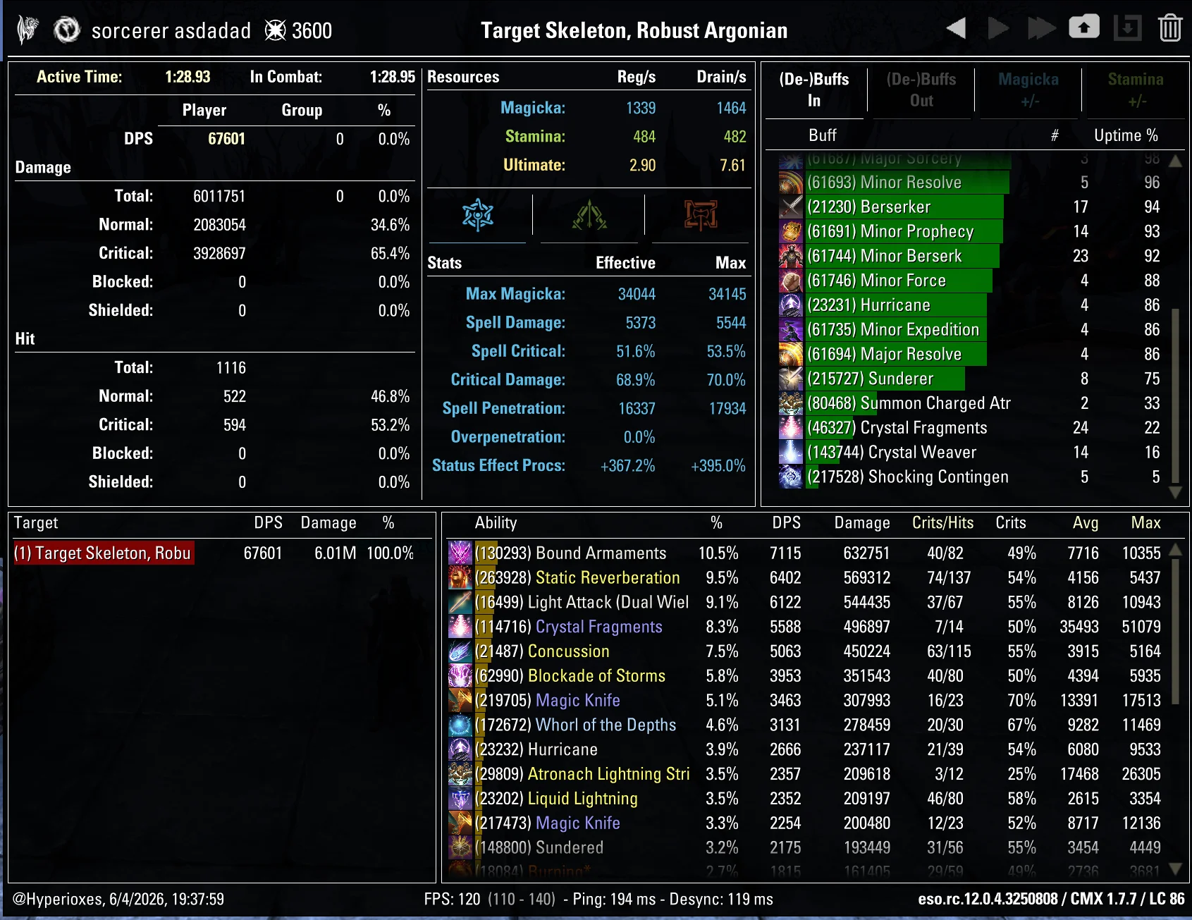 Magicka Sorcerer Solo CMX parse - Regular setup