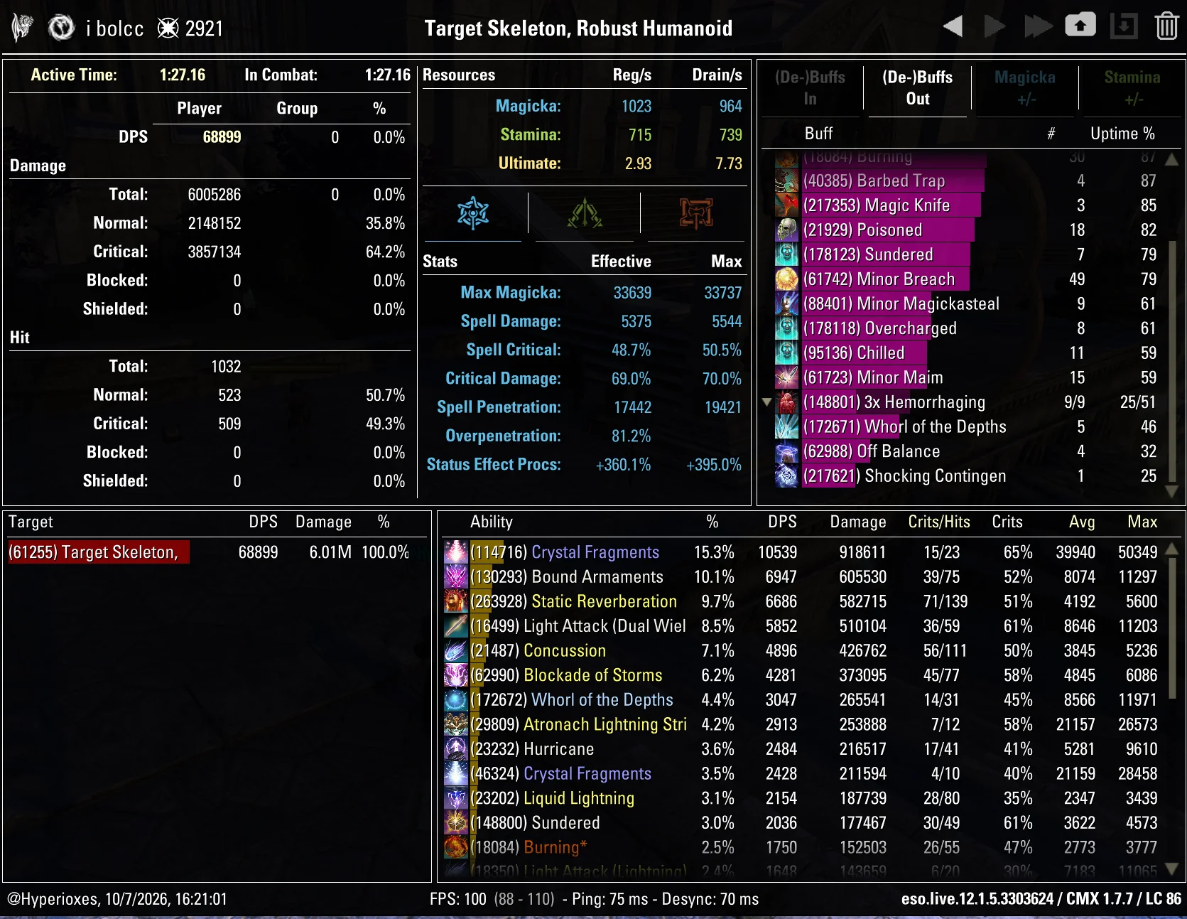 Magicka Sorcerer Solo CMX parse - Regular setup